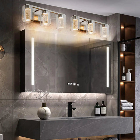 Three Light Brushed Nickel Vanity Light With Three Color Modes 3000K 4000K 6500K Eye Protection LED Bathroom Fixture over mirror