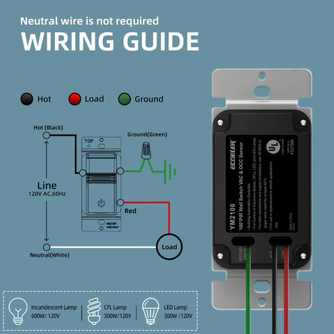 Motion Sensor Light Switch No Neutral Wire With Adjustable Sensitivity wiring guide diagram with color-coded wires