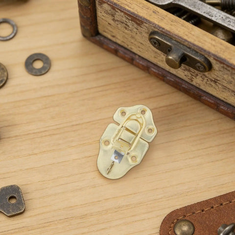 Close-up of a golden toggle latch lock, ideal for securing small boxes, cabinets, and tool storage chests.