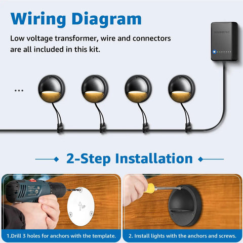 Wiring diagram of All-In-One Low Voltage Deck Lighting Kit with 60W Transformer, 100 Ft Wire, 8 LED Lights and FastLock2 Connectors