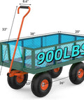 Gutsy 17 Cu Ft Steel Tow Behind Dump Cart For Atv And Utv with dimensions, showcasing 900 lbs capacity and robust rolling wheels.