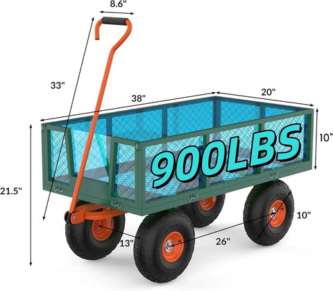 Gutsy 17 Cu Ft Steel Tow Behind Dump Cart For Atv And Utv with dimensions, showcasing 900 lbs capacity and robust rolling wheels.