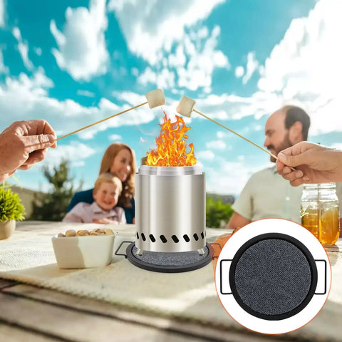 Family enjoying outdoor meal with tabletop fire pit; Tabletop Fire Pit Mat For Solo Stove Mesa XL underneath for protection.