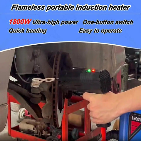 Handheld Pro Grade Induction Bolt Heater Kit 1800W in use on auto parts, showcasing its flameless heating capability.