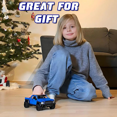 Off Road Pull Back Car Building Kit For Kids 8 12 390 Piece STEM Set For Boys And Girls, small blue pull-back truck on floor with child