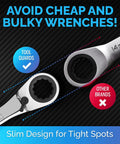 Comparison of Ratcheting Wrench Set 22-Piece Metric And SAE Reversible Wrenches With Mirror Finish next to another brand