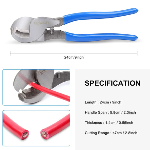 Heavy Duty Battery Cable Lug Crimping Tool With Rotating Die Heads, blue handle, 24cm, cutting wire, for automotive marine DIY.