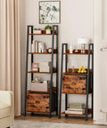 5 Tier Ladder Shelf With Removable Fabric Drawer, Rustic Wood And Metal Bookcase Organizer in living room setting