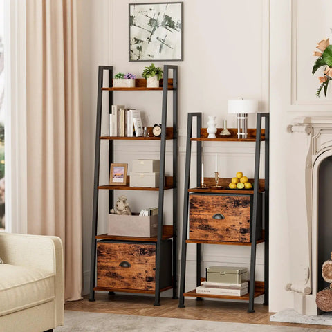 5 Tier Ladder Shelf With Removable Fabric Drawer, Rustic Wood And Metal Bookcase Organizer in living room setting