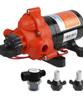 12V Diaphragm Pump with accessories, delivers 3.0 GPM at 45 PSI, self priming, run dry safe, built in pressure switch, suitable for marine RV use.