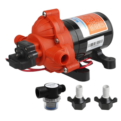 12V Diaphragm Pump with accessories, delivers 3.0 GPM at 45 PSI, self priming, run dry safe, built in pressure switch, suitable for marine RV use.