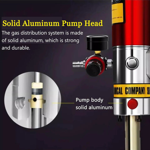 Heavy Duty Pneumatic Grease Pump Kit For 55 Gallon Drums Featuring Universal Grease Gun With 360 Rotation And 16 Foot Explosion Proof Hose 50 To 1 Pressure Ratio Wicked Durable aluminum pump head and gas distribution system close-up.