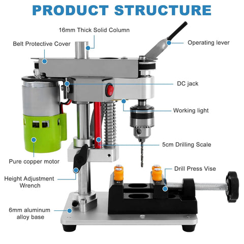 Mini Benchtop Drill Press With Bright Work Light For Precise Woodworking Jewelry And Crafts Rear Mounted 795 Motor Small Bench Drilling Machine B10 Chuck And Belt Guard Ideal For Hobbyists And Pros, front view showing components