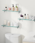Sturdy 20 Inch Glass Wall Shelves 3 Pack With Rectangular Stainless Steel Brackets In Brushed Finish Floating Wall Mounted Shelves