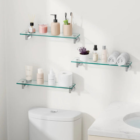 Sturdy 20 Inch Glass Wall Shelves 3 Pack With Rectangular Stainless Steel Brackets In Brushed Finish Floating Wall Mounted Shelves