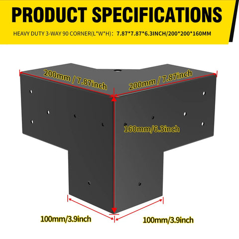 3 Way Right Angle Pergola Brackets For 4x4 Lumber DIY Kit With Screws, showing heavy duty bracket dimensions and steel construction