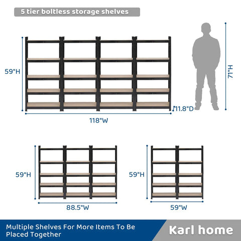Hella Durable Wide Width 5 Tier Metal Shelving Rack With Quick Adjust Levels And Split Setup For Garage Pantry Or Basement Storage 1900 Lb Capacity Built Tough Black Utility Rack
