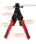 All In One 3 In 1 Adjustable Wire Stripper Tool with labels indicating cutting blade, stripping holes, and crimping slots.
