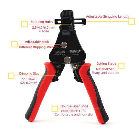 All In One 3 In 1 Adjustable Wire Stripper Tool with labels indicating cutting blade, stripping holes, and crimping slots.