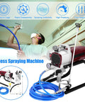 Heavy Duty Slick Airless Paint Sprayer With 1800W Motor And Stainless Steel Stand for indoor use, includes pressure gauge and blue hose.