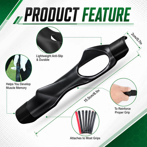 Golf Grip Trainer For Fixing Slices And Building Muscle Memory, Portable Swing Training Aid, product features diagram
