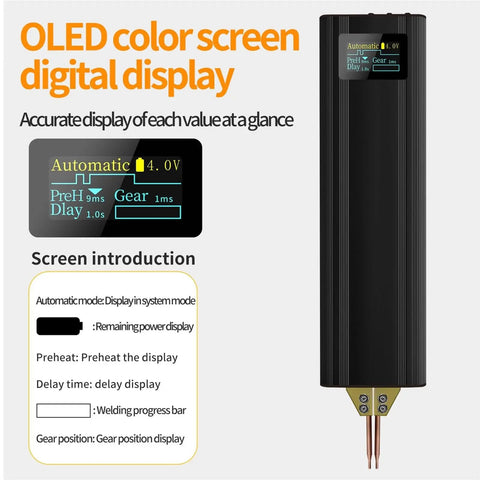 80 Gear Handheld Spot Welder With Adjustable Power And Digital Display For Nickel Plates And Strips, showing OLED display features