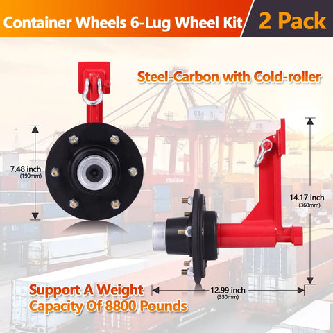 Heavy Duty Shipping Container Wheels Kit With 8800 Pound Axle, 6-lug wheel design, steel-carbon material for 20 and 40 foot rigs.