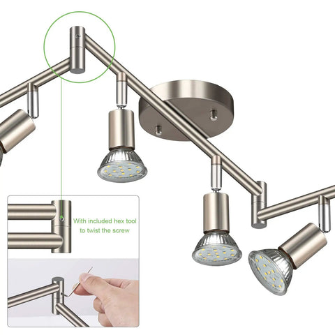 Six Light LED Track Lighting Kit In Matte Nickel Finish, close-up of screw mechanism with hex tool detail