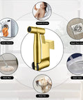 Half Inch NPT Stainless Steel Bidet Sprayer Kit For Toilet, Brushed Gold Handheld Shattaf Attachment with usage illustrations
