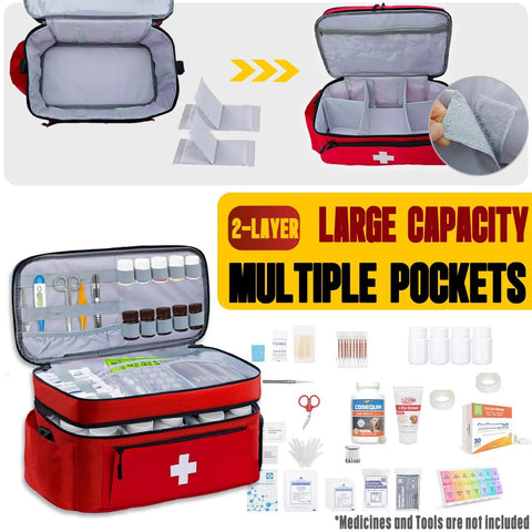 Two Layer First Aid Bag For Outdoor Travel And Home Use Must Have Portable Medical Kit Organizer, open showing compartments.
