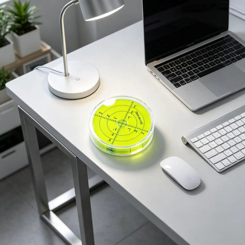 Magnetic Round Bubble Level Tool Bullseye Inclinometer Machinist on desk with clear measurement grid and lamp.