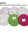 JurwheeR 30 Piece Wet Dry Sanding Discs With Hook And Loop for Auto Paint Polishing, various grit from 800 to 3000.