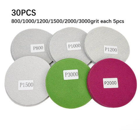 JurwheeR 30 Piece Wet Dry Sanding Discs With Hook And Loop for Auto Paint Polishing, various grit from 800 to 3000.