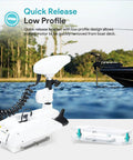 White quick-release low-profile mounting plate for Minn Kota trolling motor, mounted on boat deck.