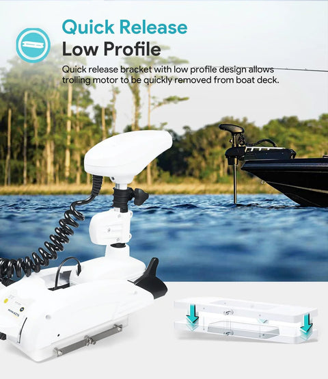 White quick-release low-profile mounting plate for Minn Kota trolling motor, mounted on boat deck.