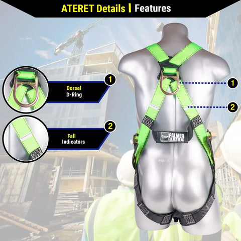 Jobsite Ready Full Body Construction Harness With 5 Point Adjustment, Back D Ring, Grommet Leg Straps, HiVis Green on mannequin