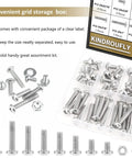 Ready To Roll 104 Piece Machine Screw Assortment Kit With Phillips Pan Head Bolts And Hex Nuts Washers In 304 Stainless Steel featuring various screw sizes in grid storage box.