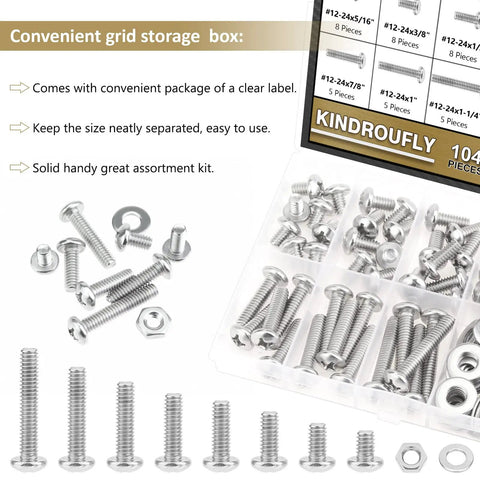 Ready To Roll 104 Piece Machine Screw Assortment Kit With Phillips Pan Head Bolts And Hex Nuts Washers In 304 Stainless Steel featuring various screw sizes in grid storage box.