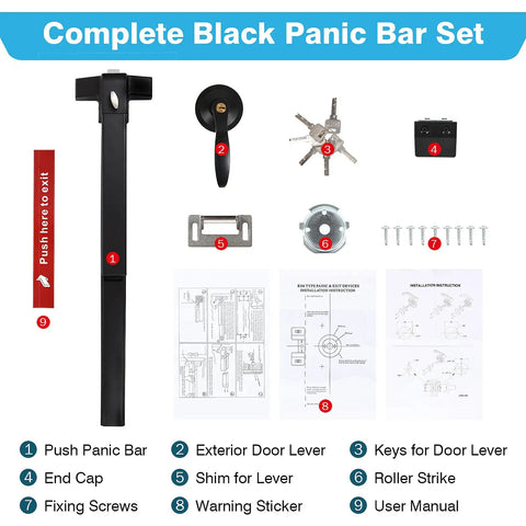 Black Panic Bar Exit Device 27.5 Inch With Exterior Lever set for wood and metal doors, includes manual and fittings.