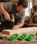 Top Grade Knockout Drill Bit Sharpening Jig Kit With Three Adjustable Angle Blocks For Bench Grinders And No Sweat Woodworking Tool Restoration Workflows Shop Side used by a woodworker with drill.