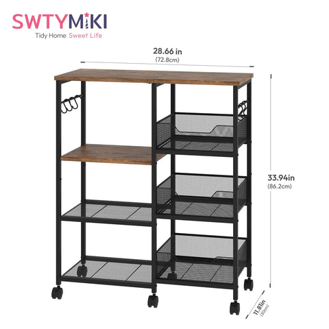 Rolling Kitchen Island Cart On Wheels With Four Tier Shelves And Storage Baskets, Six Removable Hooks, Locking Casters, Espresso Finish