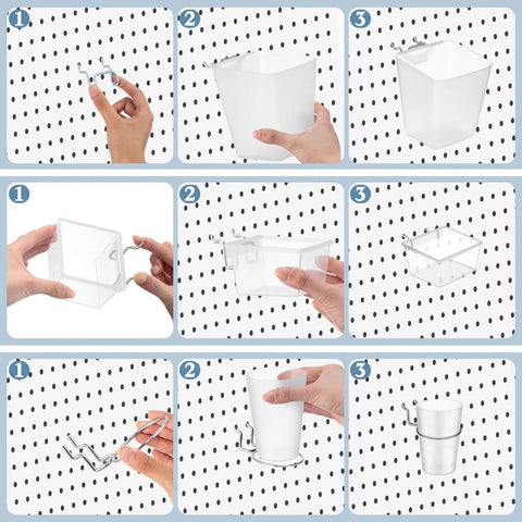 12 Pcs Pegboard Bins And Cups With Hooks And Loops Pegboard Basket Set attached to pegboard, translucent storage solution.