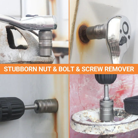 Image of 32 Piece Bolt Extractor And Nut Remover Set For Impact Removal Of Stripped Damaged Frozen Rusted Or Rounded Off Bolts Nuts And Screws in use on rusted metal surfaces.