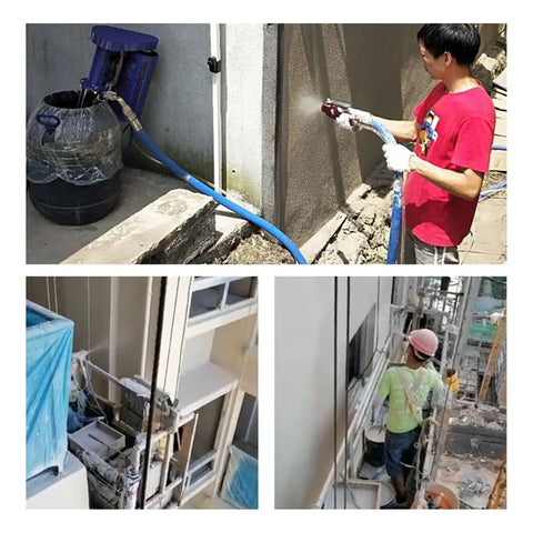 No Fuss Heavy Duty 1500W High Pressure Spray Gun For Exterior Putty Mortar And Real Stone Paint Coating in use for outdoor coating tasks.