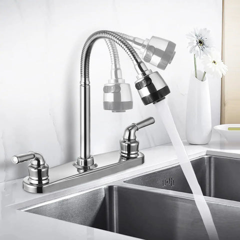 Kickass Tool Free Rv Kitchen Faucet Featuring Flexible Spout And Lightweight Abs Construction, mounted over a stainless steel sink.