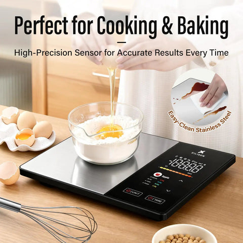 Smart Kitchen Scale With Nutrition Calculator in use, digital food scale with large TFT color display and glass bowl, 5000g capacity