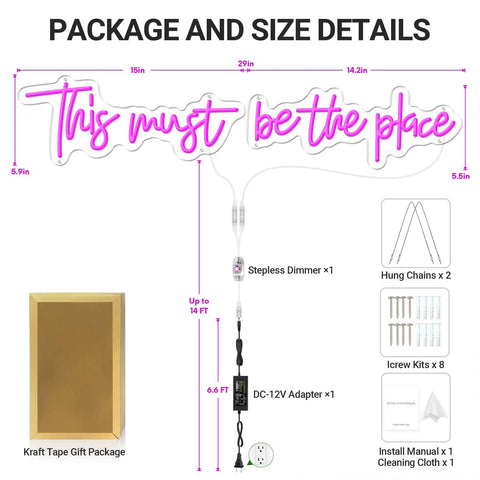 Package and size details of Pink 25x11 Inch Neon Sign LED Neon Lights for Bedroom Wall Decor with included accessories.