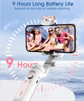 3-Axis Smartphone Gimbal Stabilizer With AI Tracking And Fill Light, showing 9-hour battery life with a smartphone on a beach