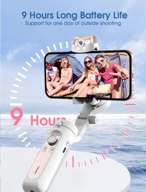 3-Axis Smartphone Gimbal Stabilizer With AI Tracking And Fill Light, showing 9-hour battery life with a smartphone on a beach