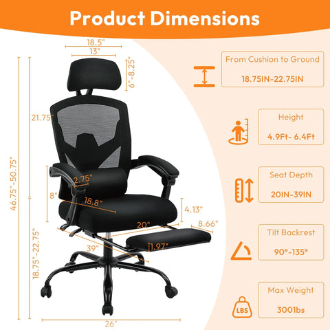 Comfy High Back Mesh Desk Chair With Foot Rest And Wheels For Ergonomic Support, Reclining Gaming Chair With Dimensions